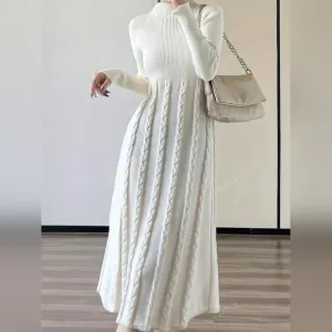 Women's Elegant Simple Ribbed High Neck Cable Knit Midi Sweater Dress