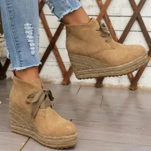 Women's Fashionable Solid Color Woven Bottom All-Match Increasing Height Boots