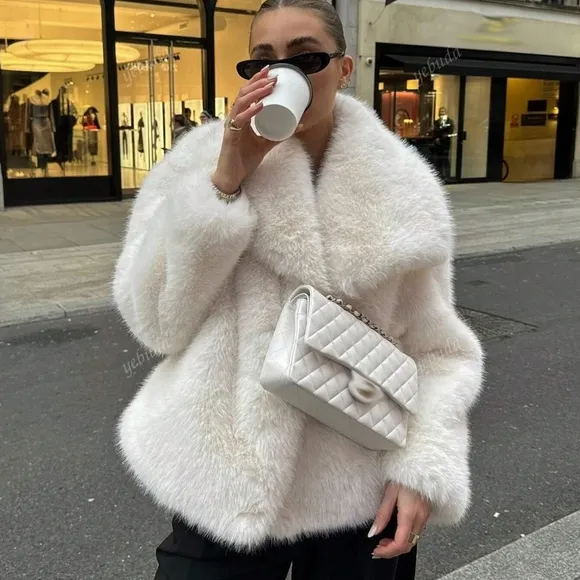 Women's Fluffy Collar Solid Color Windproof Jacket, Autumn/Winter