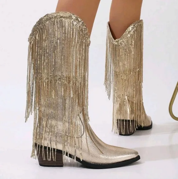 Women's Fringe Mid-Heel Square Toe Slip-On Casual Stylish Cowboy Boots