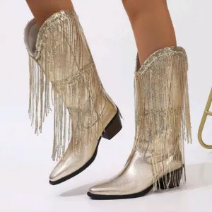 Women's Fringe Mid-Heel Square Toe Slip-On Casual Stylish Cowboy Boots
