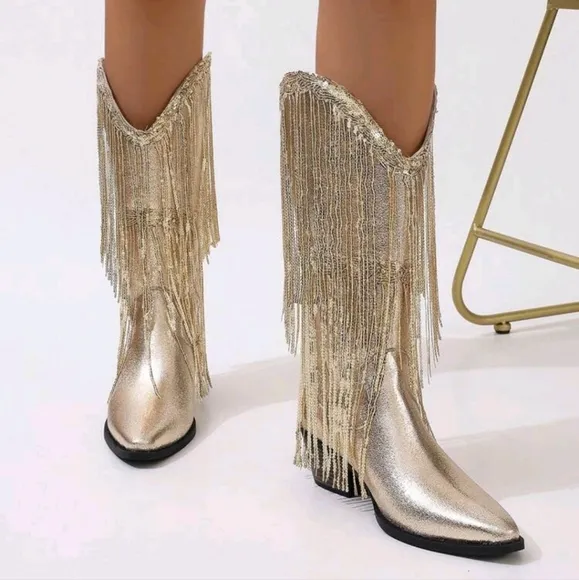 Women's Fringe Mid-Heel Square Toe Slip-On Casual Stylish Cowboy Boots