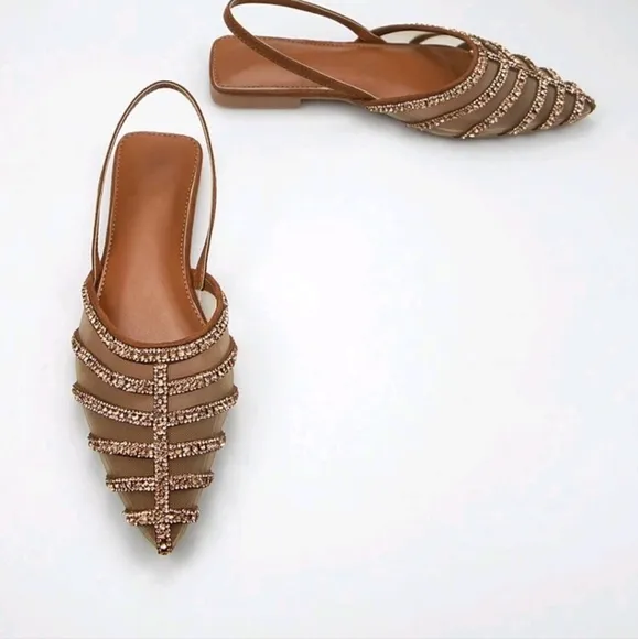 Women's Gorgeous Rhinestone Decorated Brown Suede Mesh Lined Pointed Toe Slingba