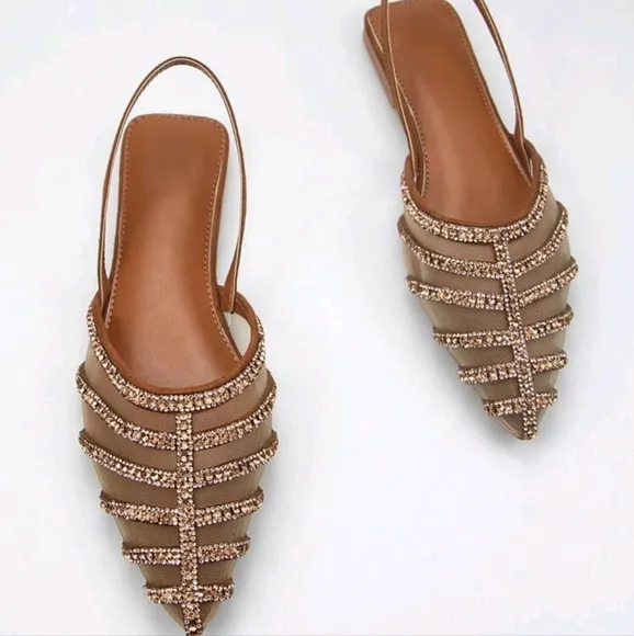 Women's Gorgeous Rhinestone Decorated Brown Suede Mesh Lined Pointed Toe Slingba