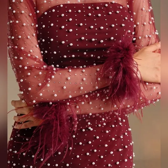 Women's Long Sleeve Feather Embellished Rhinestone Beaded Mesh Overlay