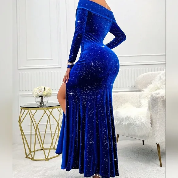 Women's Off-Shoulder Long Sleeve Fashionable Dual Layer Velvet Side Split Dress