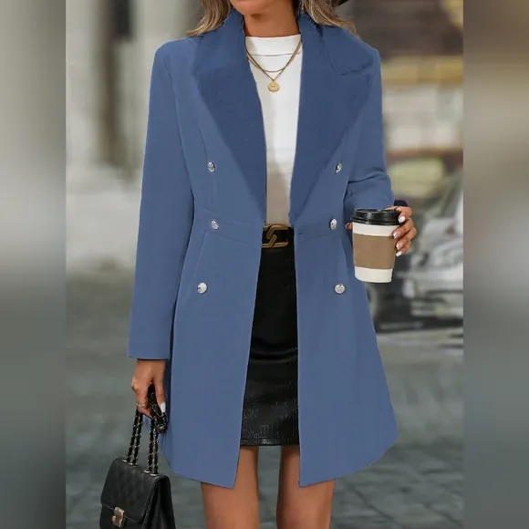 Women's Plain Fur Collar Double-Breasted Elegant Woolen Coat,
