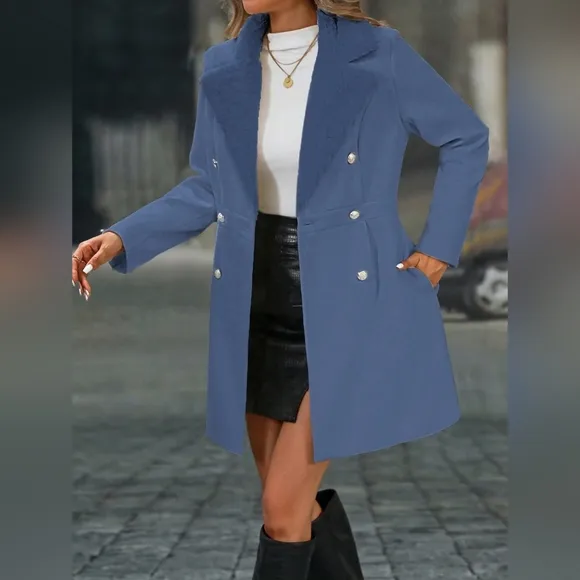 Women's Plain Fur Collar Double-Breasted Elegant Woolen Coat,