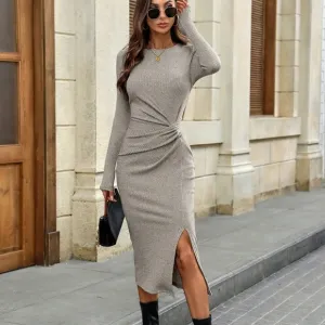 Women's Plain Round Neck Waist Ruched Slit Hem Casual Long Sleeve Midi Dress