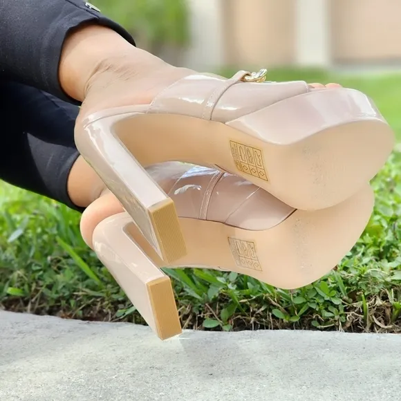 Women's Platform Heeled Mule Open Loafers Nude Color Patent