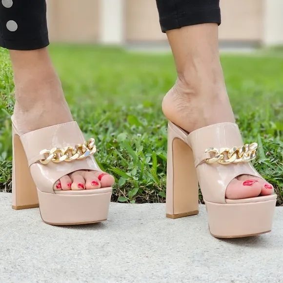 Women's Platform Heeled Mule Open Loafers Nude Color Patent