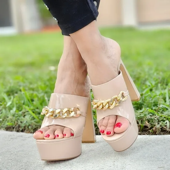 Women's Platform Heeled Mule Open Loafers Nude Color Patent