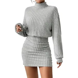 Women's Pullover Sweater Dress Long Lantern Sleeve Turtle Neck Cute Ribbed Knit