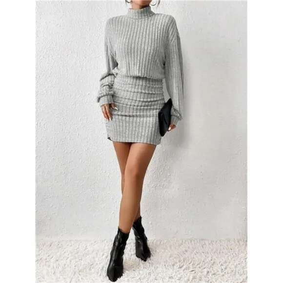 Women's Pullover Sweater Dress Long Lantern Sleeve Turtle Neck Cute Ribbed Knit