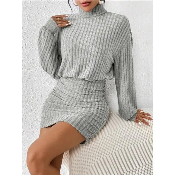 Women's Pullover Sweater Dress Long Lantern Sleeve Turtle Neck Cute Ribbed Knit