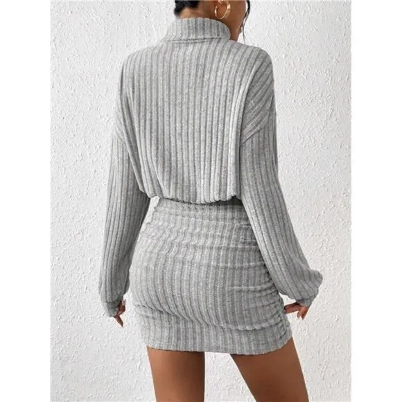 Women's Pullover Sweater Dress Long Lantern Sleeve Turtle Neck Cute Ribbed Knit