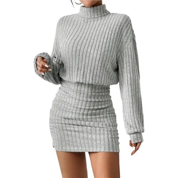 Women's Pullover Sweater Dress Long Lantern Sleeve Turtle Neck Cute Ribbed Knit