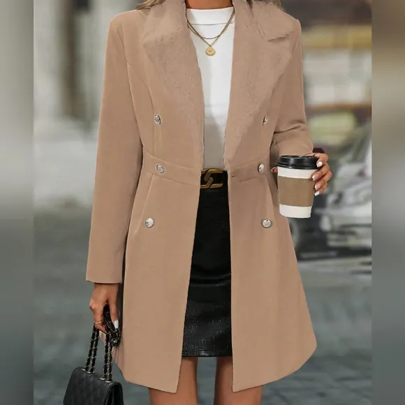 Women's Solid Color Fluffy Lapel Long Sleeve Double-Breasted Elegant