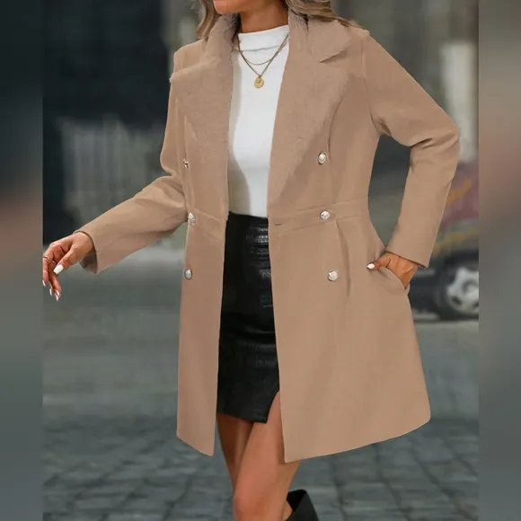 Women's Solid Color Fluffy Lapel Long Sleeve Double-Breasted Elegant