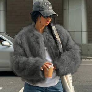 Women's Solid Color Long Sleeve Minimalist Faux Fur Jacket,