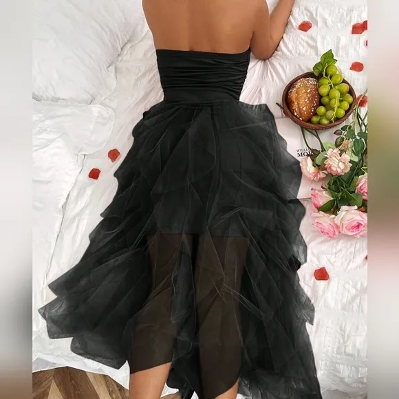 Women's Solid Color Mesh Panel Strapless Dress