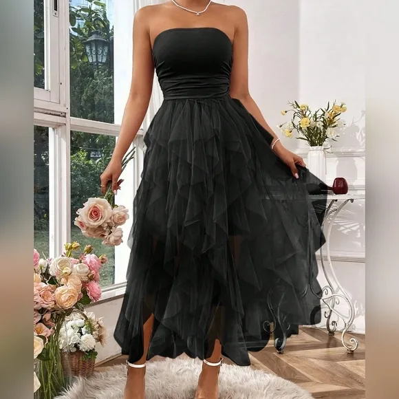 Women's Solid Color Mesh Panel Strapless Dress
