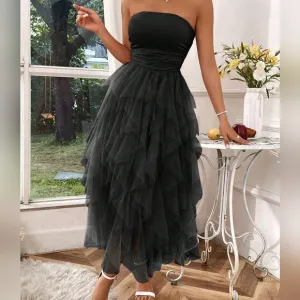 Women's Solid Color Mesh Panel Strapless Dress