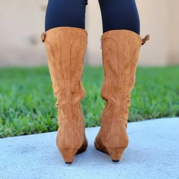Women's Tan Wrinkle Finish Calf Length Pull On Boots Rounded Toe