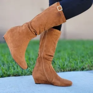 Women's Tan Wrinkle Finish Calf Length Pull On Boots Rounded Toe