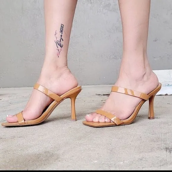 Women Tan Double Strap Mule Heels Sandals