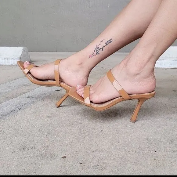 Women Tan Double Strap Mule Heels Sandals