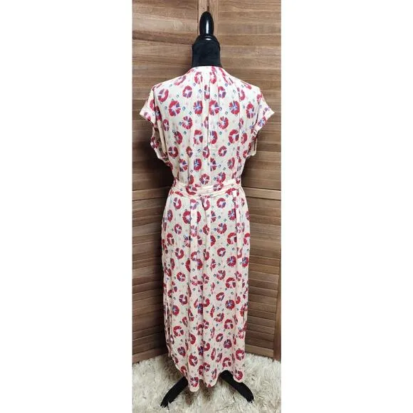 XIRENA SAMANTHA DRESS SPARKS Size Medium Pink Short Sleeve Midi Tie Shirtdress