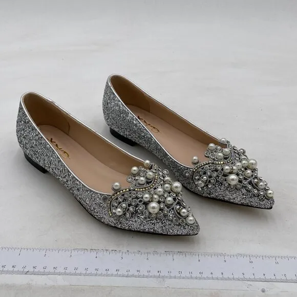 XYD Exquisite Pearl Rhinestone Flats Ballet Bling Slip on Wedding Party Shoe