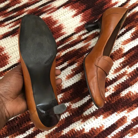 Y2K brown genuine real leather loafers pumps kitten heels square toe corporate