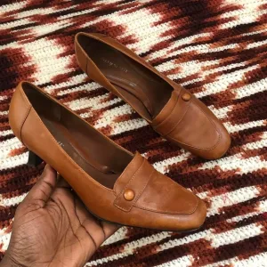 Y2K brown genuine real leather loafers pumps kitten heels square toe corporate