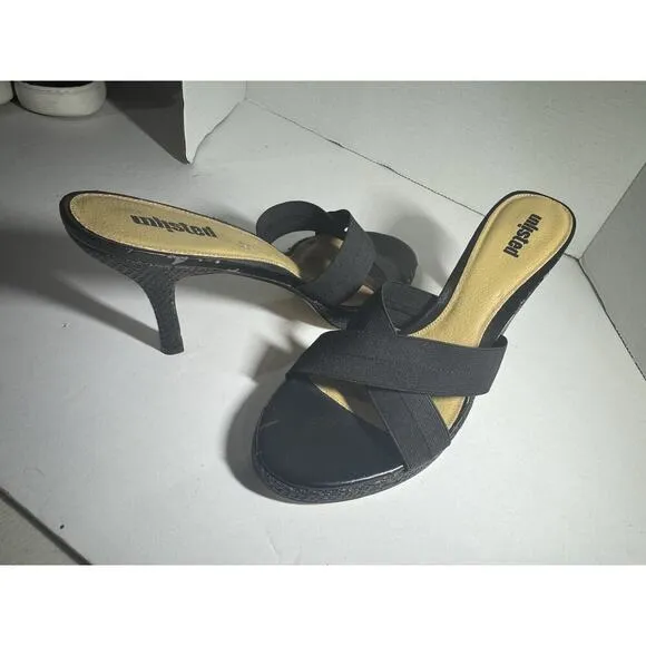 Y2K VTG Heel Sandals Women Mule Shoe Unlisted 11 Slide Black Kitten Hee 1/2 in
