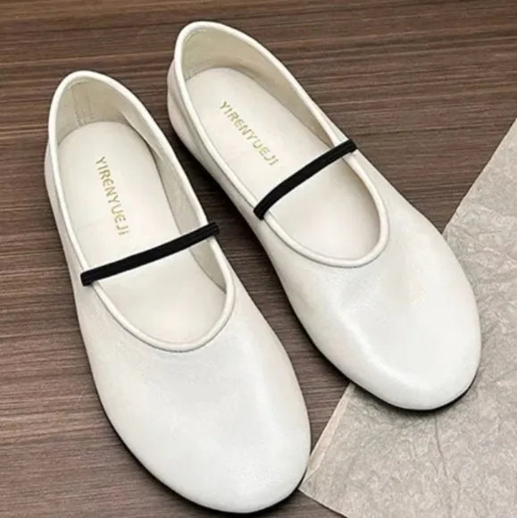 Yirenyueji Retro Mary Jane Minimalist Round Toe Flats In Ivory Slip Ons Size 37