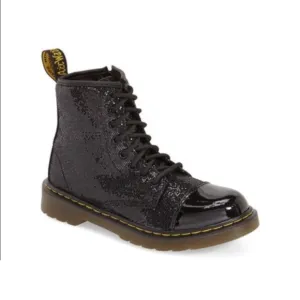 Youth Little Girl’s Doc Dr. Martens Pooch Black Sparkly Combat Boots Size 3