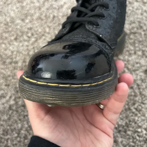Youth Little Girl’s Doc Dr. Martens Pooch Black Sparkly Combat Boots Size 3