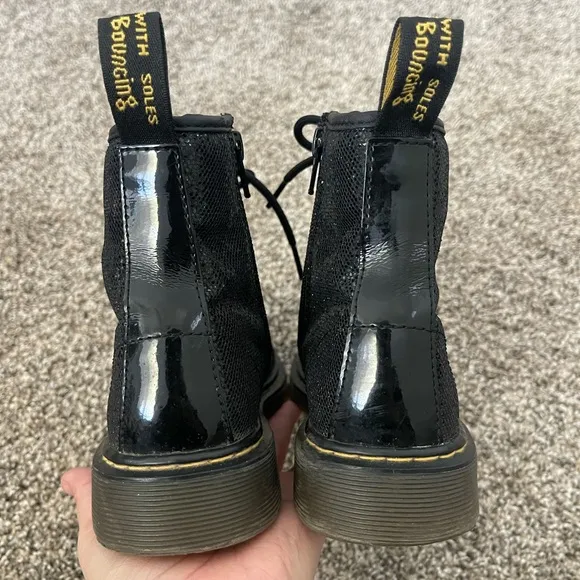 Youth Little Girl’s Doc Dr. Martens Pooch Black Sparkly Combat Boots Size 3