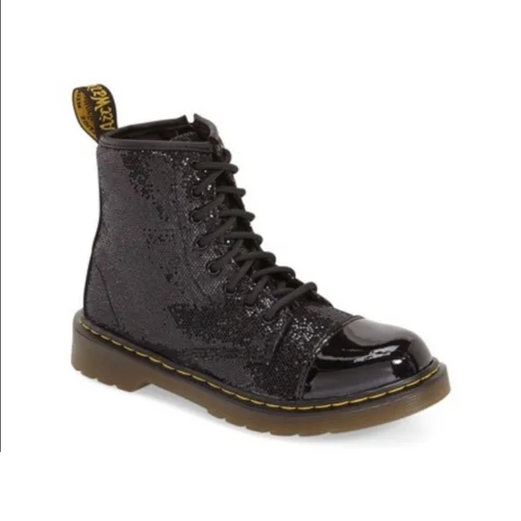 Youth Little Girl’s Doc Dr. Martens Pooch Black Sparkly Combat Boots Size 3