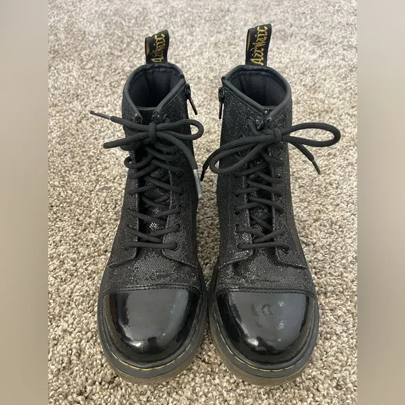 Youth Little Girl’s Doc Dr. Martens Pooch Black Sparkly Combat Boots Size 3