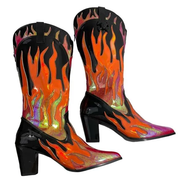 YRU Flame Space Cowgirl Boots Size 12 Orange Flame