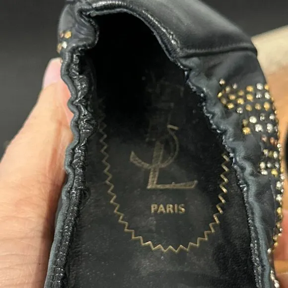 YSL Amely Navy Studded Ballet Flats Size 40.5 Us 10.5 Leather Womens Slip On