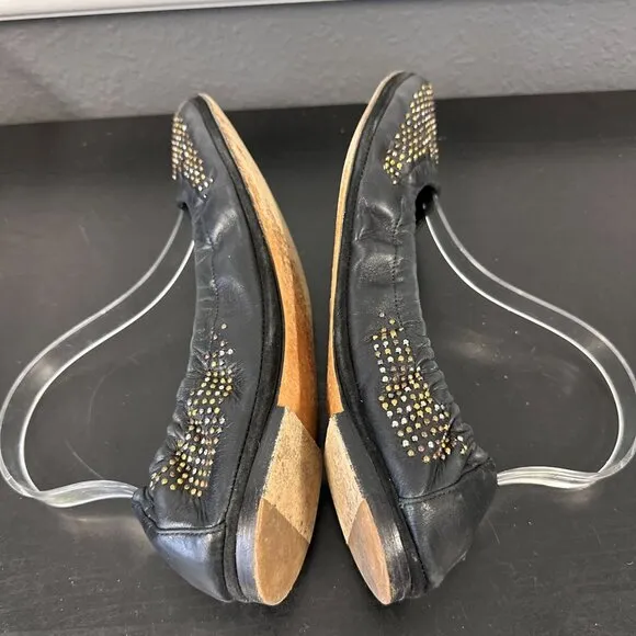 YSL Amely Navy Studded Ballet Flats Size 40.5 Us 10.5 Leather Womens Slip On
