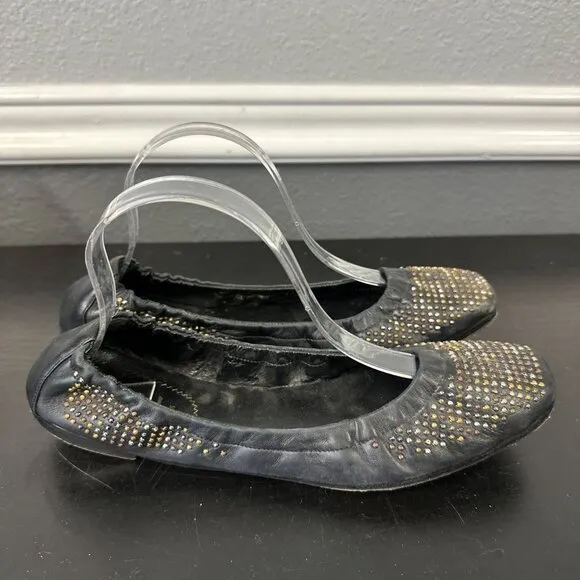 YSL Amely Navy Studded Ballet Flats Size 40.5 Us 10.5 Leather Womens Slip On