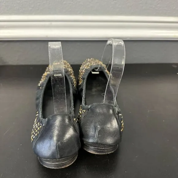 YSL Amely Navy Studded Ballet Flats Size 40.5 Us 10.5 Leather Womens Slip On