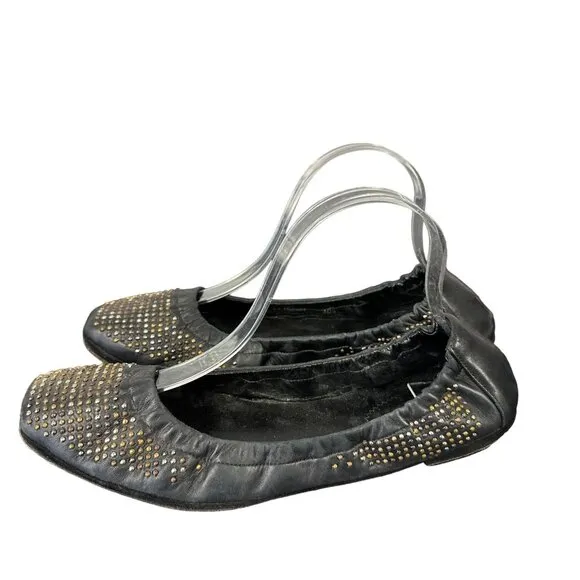 YSL Amely Navy Studded Ballet Flats Size 40.5 Us 10.5 Leather Womens Slip On