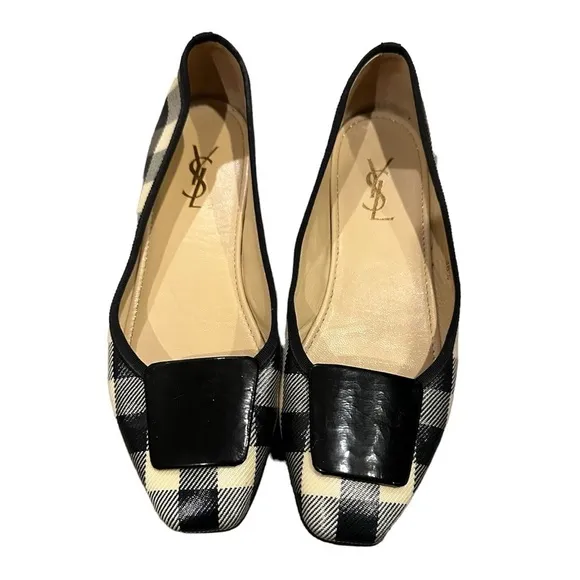 YSL Patent Check No Slip Ballerina Flats EUC black white 38.5