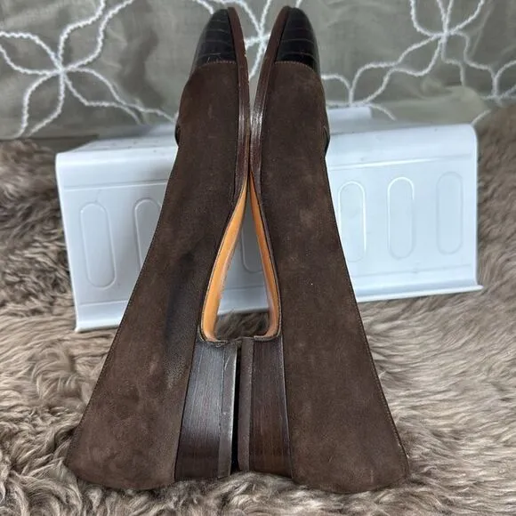 (Z3) Salvatore Ferragamo Brown Suede Crocodile Toe Loafers Heels 6.5 Heels
